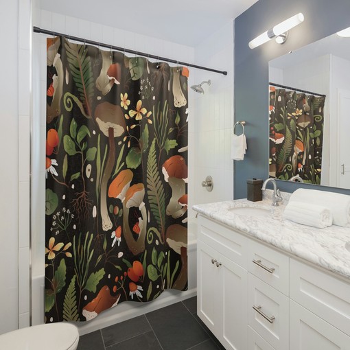 Mid-century Modern Mushroom Shower Curtain | Retro Boho Gothic Bath Decor | Restroom Shower Curtains Decorative