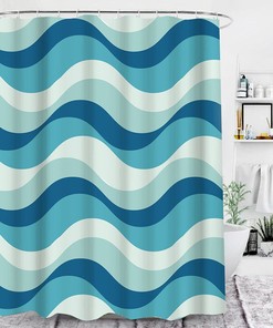 Mid-century Retro Ocean Waves Blue White Shower Curtain, Coastal Bathroom Decor Accessories