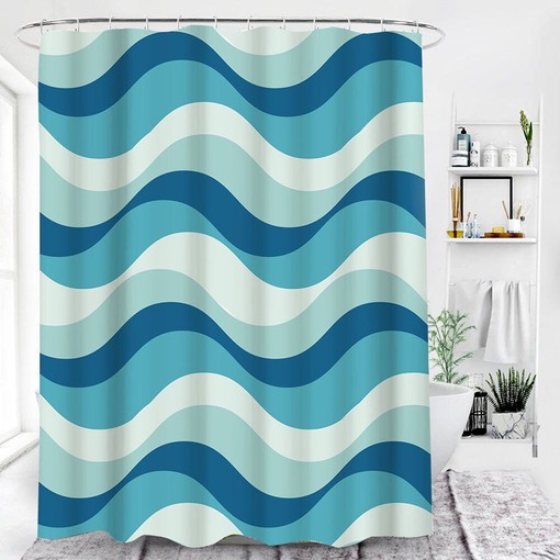 Mid-century Retro Ocean Waves Blue White Shower Curtain, Coastal Bathroom Decor Accessories