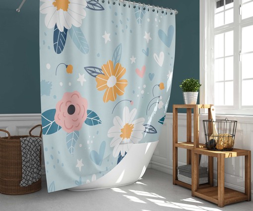 Midnight Nordic Floral Shower Curtain | Botanical Pattern with Stars Fabric Bathroom Curtain Mat | Home Bath Decor