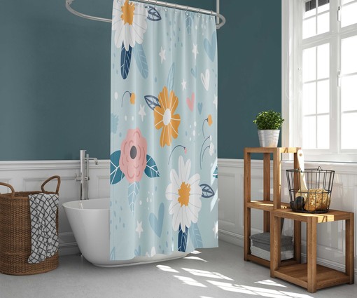 Midnight Nordic Floral Shower Curtain | Botanical Pattern with Stars Fabric Bathroom Curtain Mat | Home Bath Decor - Image 2
