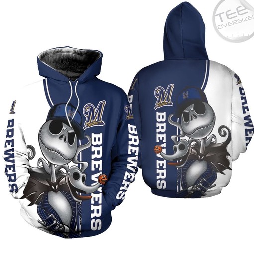 Milwaukee Brewers Jack Skellington and Zero 3D Hoodie for Fans - Unique and Cool.