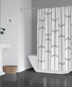 Minimal Stripe and Chevron Modern Black and White Boho Shower Curtain Set with Light Design.