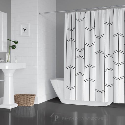 Minimal Stripe and Chevron Modern Black and White Boho Shower Curtain Set with Light Design.