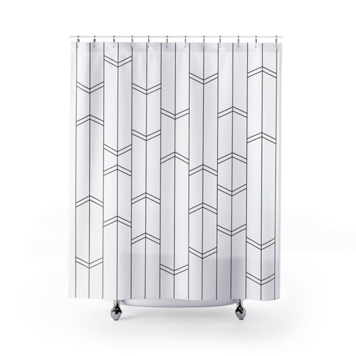 Minimal Stripe and Chevron Modern Black and White Boho Shower Curtain Set with Light Design. - Image 2