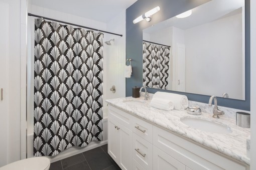 Minimalist Art Deco Shower Curtain | Black and White | Geometric Bathroom Decor | Customizable - Image 2