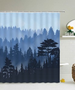 Minimalist Blue Trees Shower Curtain | Simple Print Nature Theme | Bathroom Decor