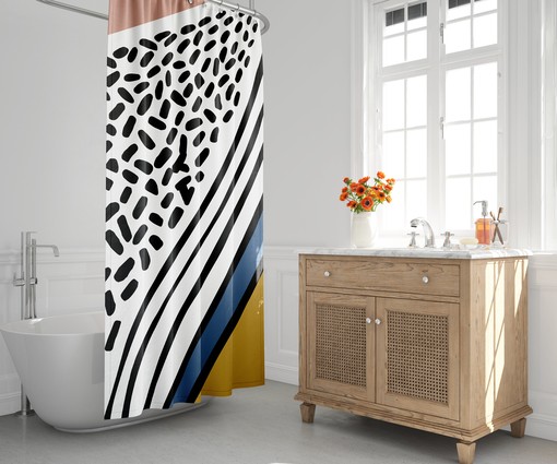 Minimalist Bohemian Shower Curtain with Abstract Dots and Lines Design, Mid-Century Style