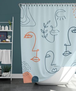 Minimalist Boho Female Face Silhouette Fabric Shower Curtain and Mat