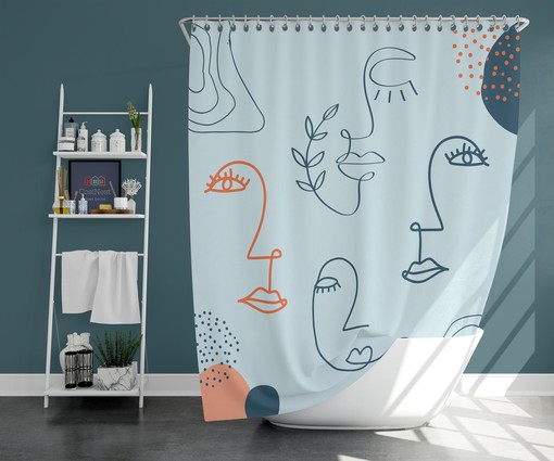 Minimalist Boho Female Face Silhouette Fabric Shower Curtain and Mat