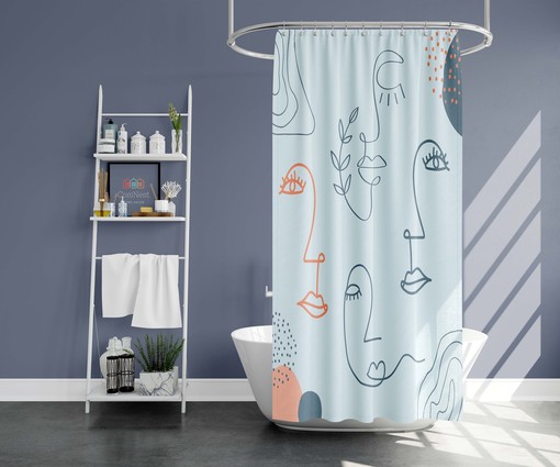 Minimalist Boho Female Face Silhouette Fabric Shower Curtain and Mat - Image 2