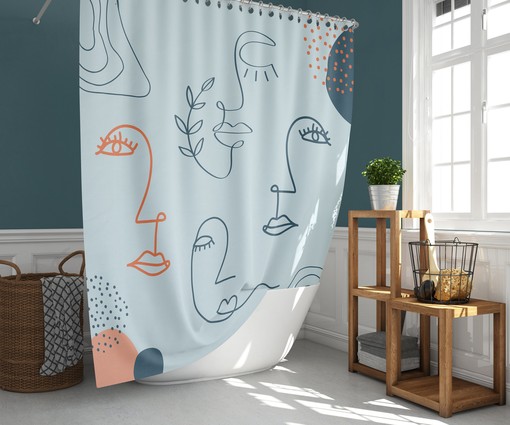 Minimalist Boho Female Face Silhouette Fabric Shower Curtain and Mat - Image 3