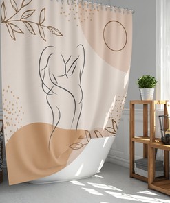 Minimalist Boho Female Face Silhouette with Leaf Pattern Shower Curtain and Mat