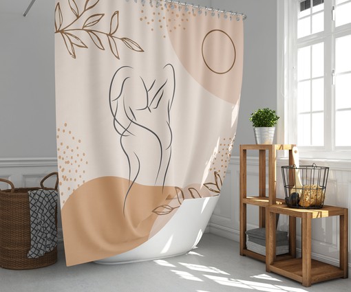 Minimalist Boho Female Face Silhouette with Leaf Pattern Shower Curtain and Mat