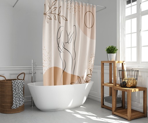 Minimalist Boho Female Face Silhouette with Leaf Pattern Shower Curtain and Mat - Image 2