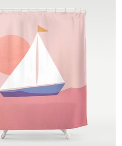Minimalist Boho Sun & Boat Landscape Shower Curtain Set