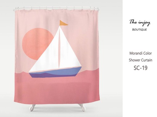 Minimalist Boho Sun & Boat Landscape Shower Curtain Set
