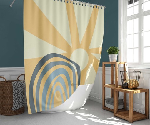 Minimalist Boho Sunrise-inspired Sun and Rainbow Shower Curtain