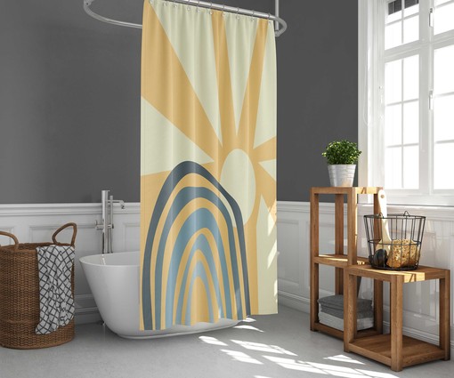 Minimalist Boho Sunrise-inspired Sun and Rainbow Shower Curtain - Image 2