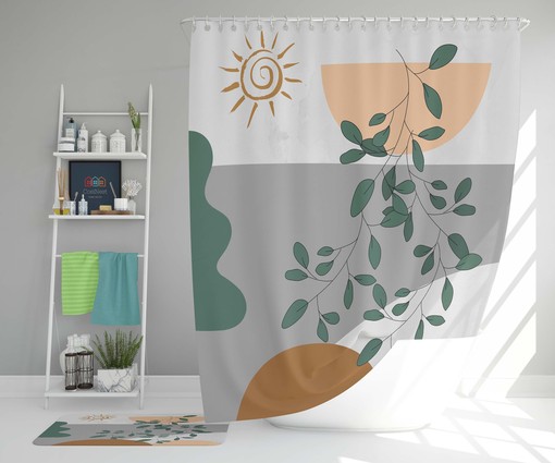 Minimalist Design Abstract Bohemian Green Leaves and Sun Shower Curtain