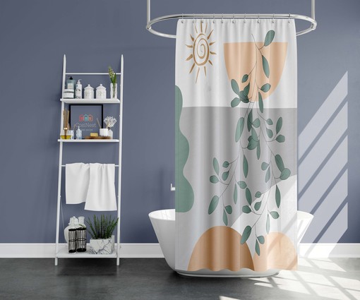 Minimalist Design Abstract Bohemian Green Leaves and Sun Shower Curtain - Image 2