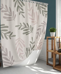 Minimalist Foliage Shower Curtain | Green Pink Leaves Floral Print | Simple Home Bath Decor Accessories