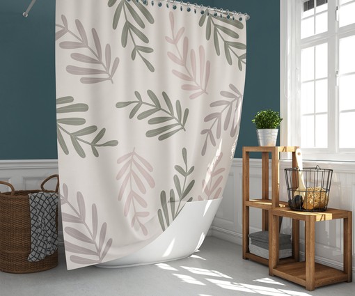 Minimalist Foliage Shower Curtain | Green Pink Leaves Floral Print | Simple Home Bath Decor Accessories