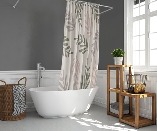 Minimalist Foliage Shower Curtain | Green Pink Leaves Floral Print | Simple Home Bath Decor Accessories - Image 2