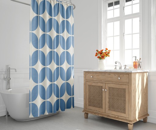 Minimalist Geometric Light Blue and Beige Retro Shower Curtain for Modern Bath Decor