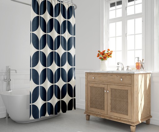 Minimalist Geometric Navy Blue and Beige Retro Shower Curtain for Modern Bath Decor