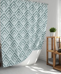 Minimalist Gray Vintage Fabric Shower Curtain & Mat, Retro Blue Arrow Geometry Pattern, Unique Tub Accessory