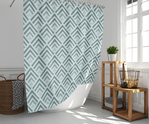 Minimalist Gray Vintage Fabric Shower Curtain & Mat, Retro Blue Arrow Geometry Pattern, Unique Tub Accessory