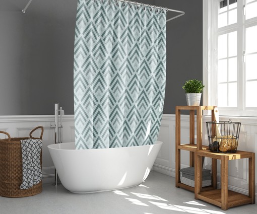 Minimalist Gray Vintage Fabric Shower Curtain & Mat, Retro Blue Arrow Geometry Pattern, Unique Tub Accessory - Image 2