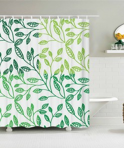 Minimalist Green Leaves Shower Curtain | Botanical Simple Print | Bath Decor