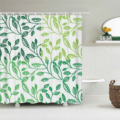 Minimalist Green Leaves Shower Curtain | Botanical Simple Print | Bath Decor