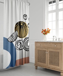 Minimalist Landscape Shower Curtain with Abstract Floral Design, Modern Bath Decor, Mid-Century Style