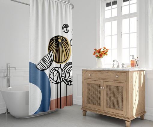 Minimalist Landscape Shower Curtain with Abstract Floral Design, Modern Bath Decor, Mid-Century Style