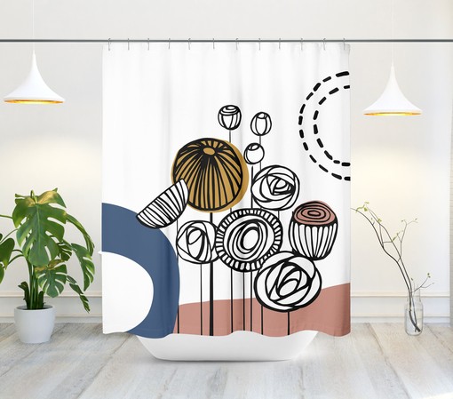 Minimalist Landscape Shower Curtain with Abstract Floral Design, Modern Bath Decor, Mid-Century Style - Image 2