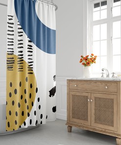 Minimalist Landscape Shower Curtain with Abstract Moon and Clouds Design, Mid-Century Style