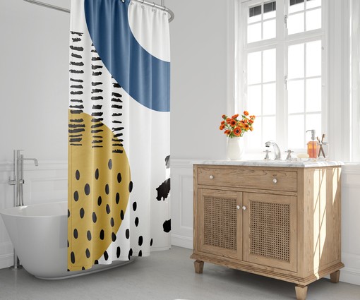 Minimalist Landscape Shower Curtain with Abstract Moon and Clouds Design, Mid-Century Style