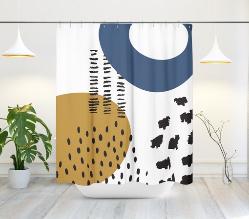 Minimalist Landscape Shower Curtain with Abstract Moon and Clouds Design, Mid-Century Style - Image 2
