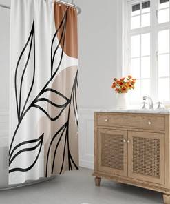 Minimalist Landscape Shower Curtain with Abstract Tropical Moon and Botanical Design, Stylish Bath Decor