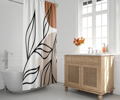 Minimalist Landscape Shower Curtain with Abstract Tropical Moon and Botanical Design, Stylish Bath Decor