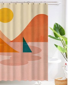 Minimalist Landscape Sun & Boat Boho Shower Curtain with Customizable Sizes, Perfect for a Calming Boho Style