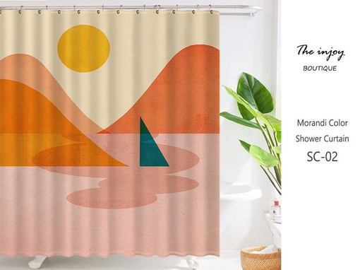 Minimalist Landscape Sun & Boat Boho Shower Curtain with Customizable Sizes, Perfect for a Calming Boho Style
