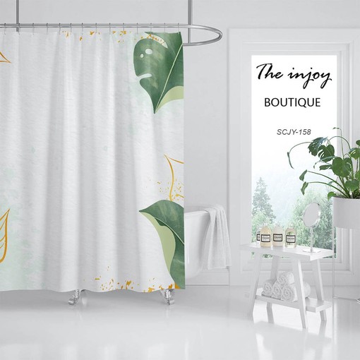 Minimalist Leaves Print Shower Curtain, Green Splash Simple Bathroom Decor, Waterproof Washable Bath Curtain - Image 2