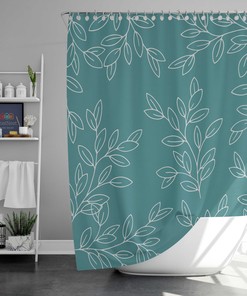 Minimalist Leaves Shower Curtain, Customizable Size, Blue and White Botanical Floral Print Fabric Bathroom Curtain