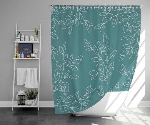 Minimalist Leaves Shower Curtain, Customizable Size, Blue and White Botanical Floral Print Fabric Bathroom Curtain