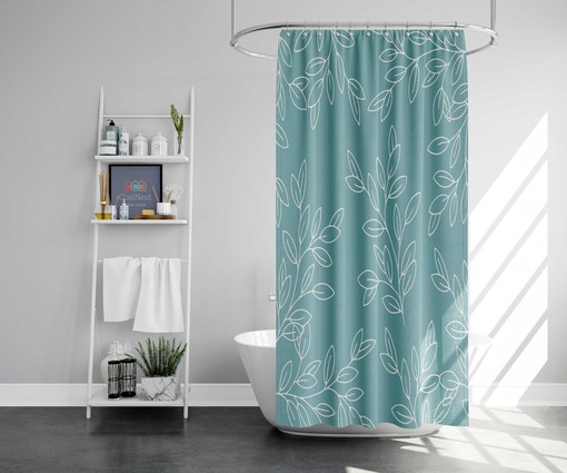 Minimalist Leaves Shower Curtain, Customizable Size, Blue and White Botanical Floral Print Fabric Bathroom Curtain - Image 2