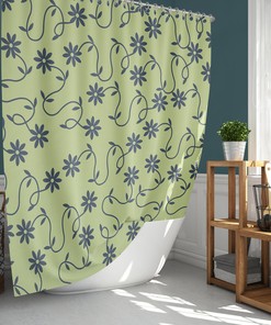 Minimalist Linen Floral Shower Curtain | Blue Green Floral Pattern | Fabric Bathroom Curtain Mat | Home Bath Decor